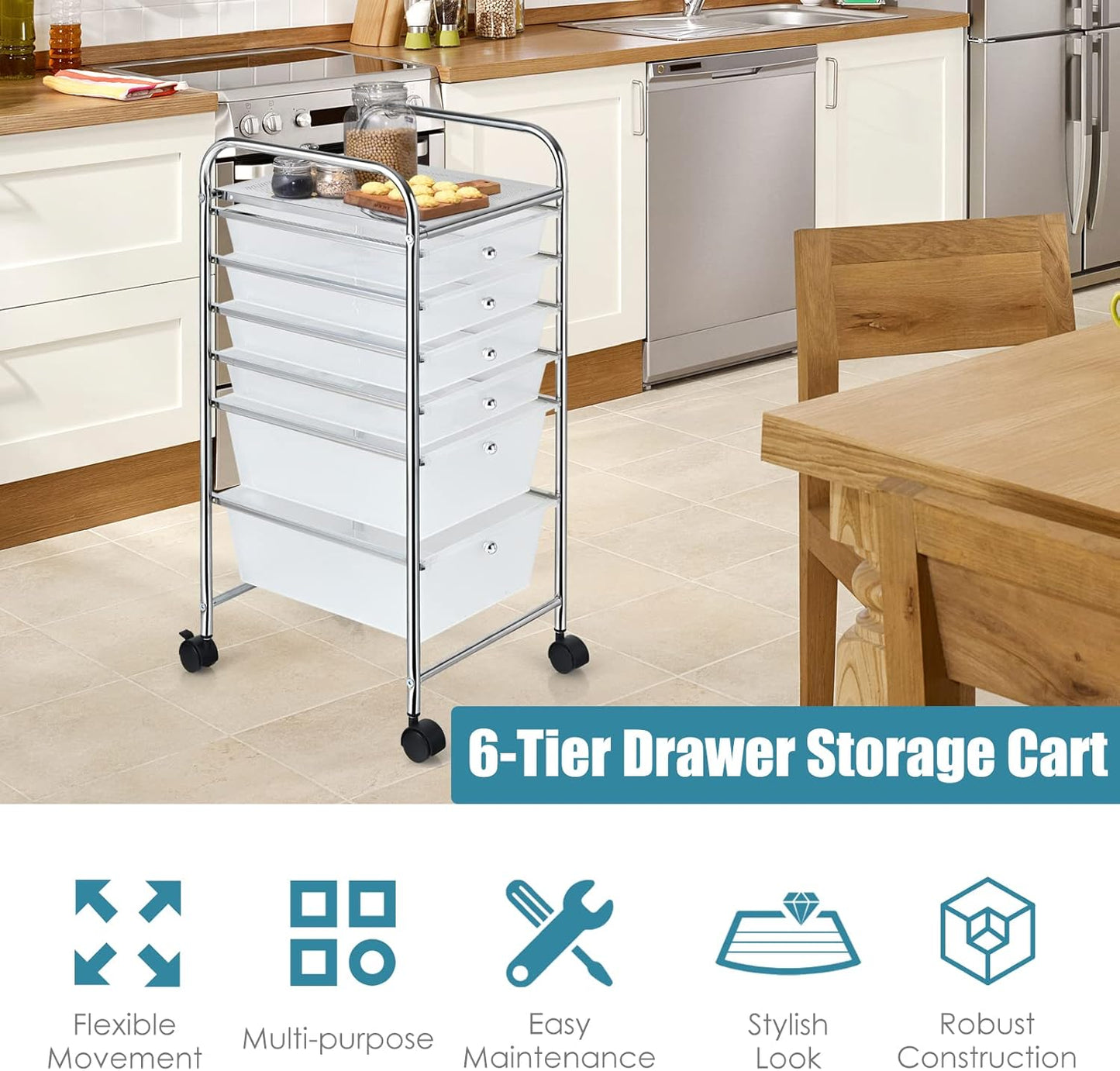 RELAX4LIFE 6-Drawer Rolling Storage Cart - Classroom Organization on Wheels w/Removable Plastic Drawers, Mobile Art Craft Cart for School Paper Home Office, Utility Cart with Drawers (Macaron)