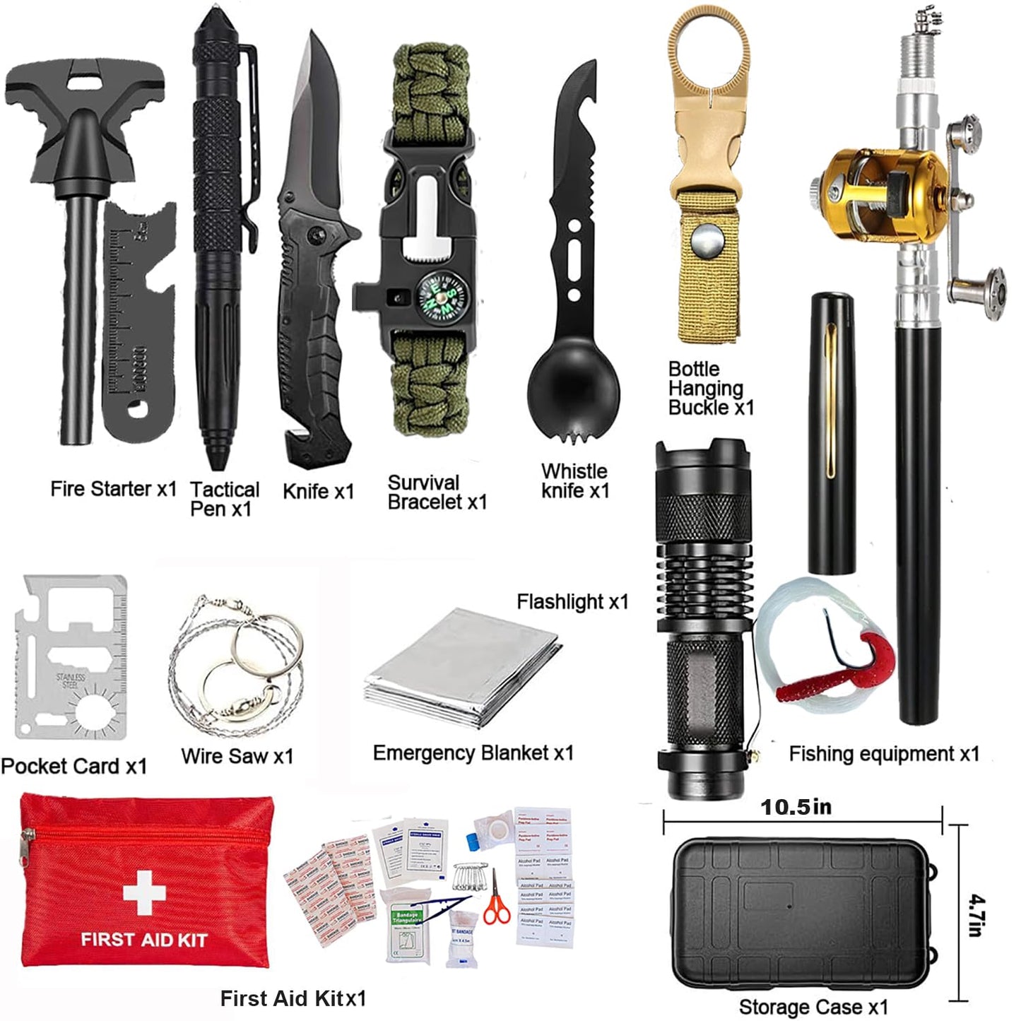 First Aid and Survival Kit, Outdoor Survival Gear Equipment with Telescopic Pen Fishing Rod for Camping Hunting Hiking Adventures, Birthday Gifts for Men Dad Him Husband Boyfriend Teen Boy