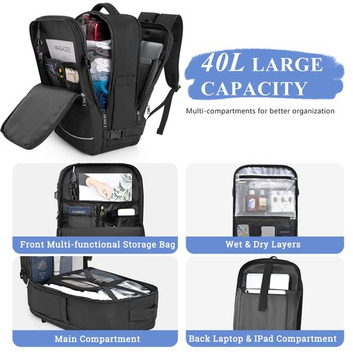 Sinaliy Personal Item Backpack, 40L Large Travel Backpack for Women Men, Waterproof Carry on Backpack for College, Business, Work