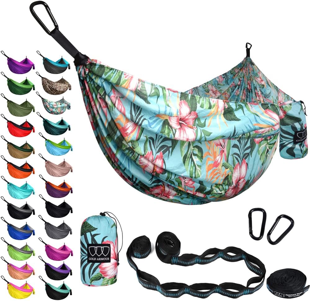 Gold Armour Camping Hammock - XL Double Hammock Portable Hammock Camping Accessories Gear for Outdoor Indoor with Tree Straps, USA Based Brand (Gray)