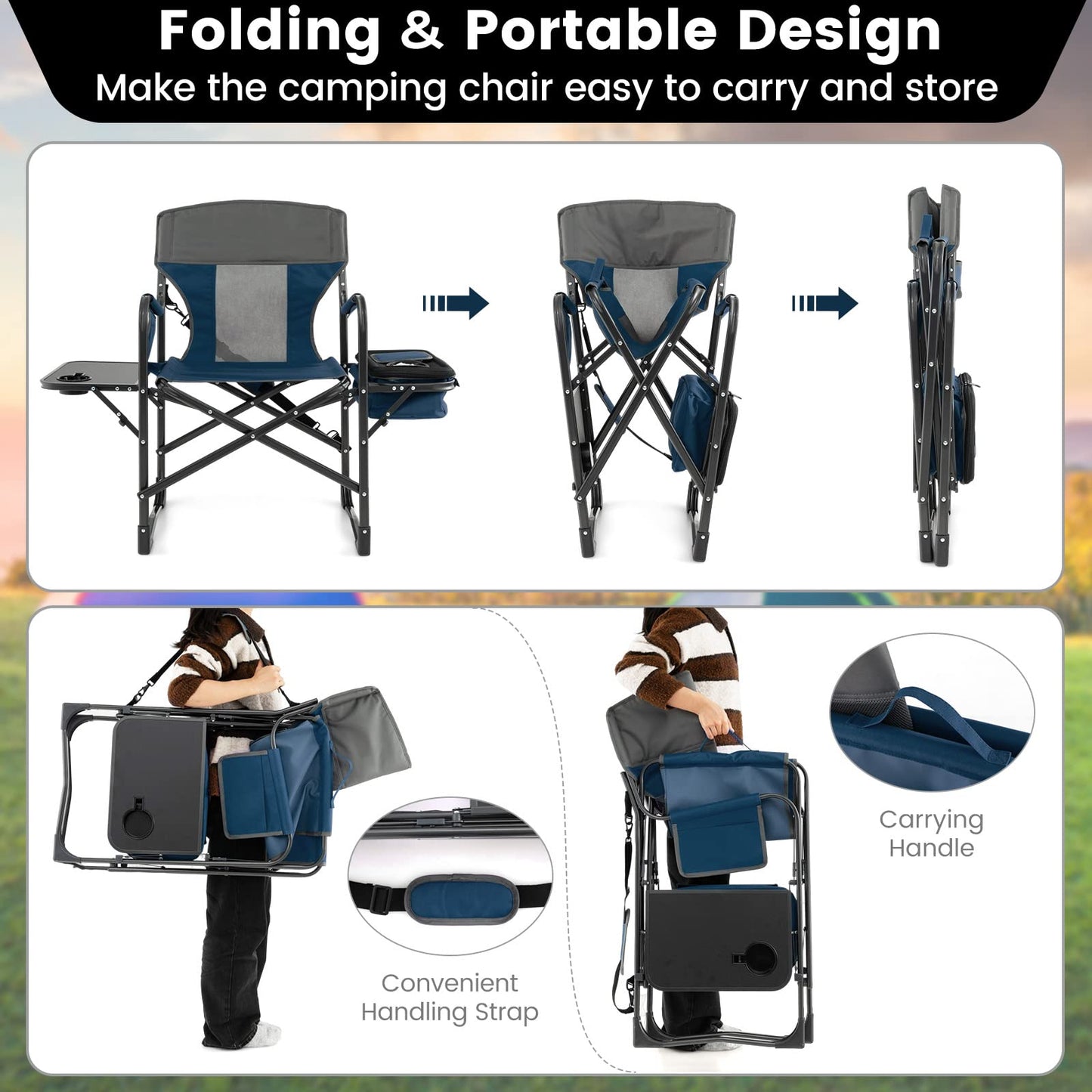 Tangkula Camping Chairs, Folding Camp Chair with Side Table, Cooler Bag, Portable Outside Padded Lawn Chair for Travel, Picnic, Fishing, Heavy Duty Oversized Director Chair for Adults, Supports 400lbs
