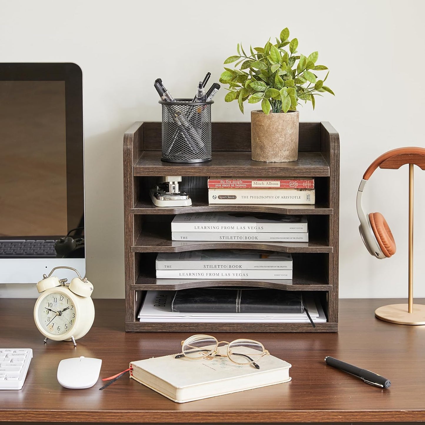 YMYNY Desktop File Organizer with Handle, Document Letter Mail Tray Sorter with 3 Adjustable Shelves, 5 Tiers Paper Holder for School Home Office Desk, Rustic Brown,13.4 * 12.4 * 9.06" UHBC006H