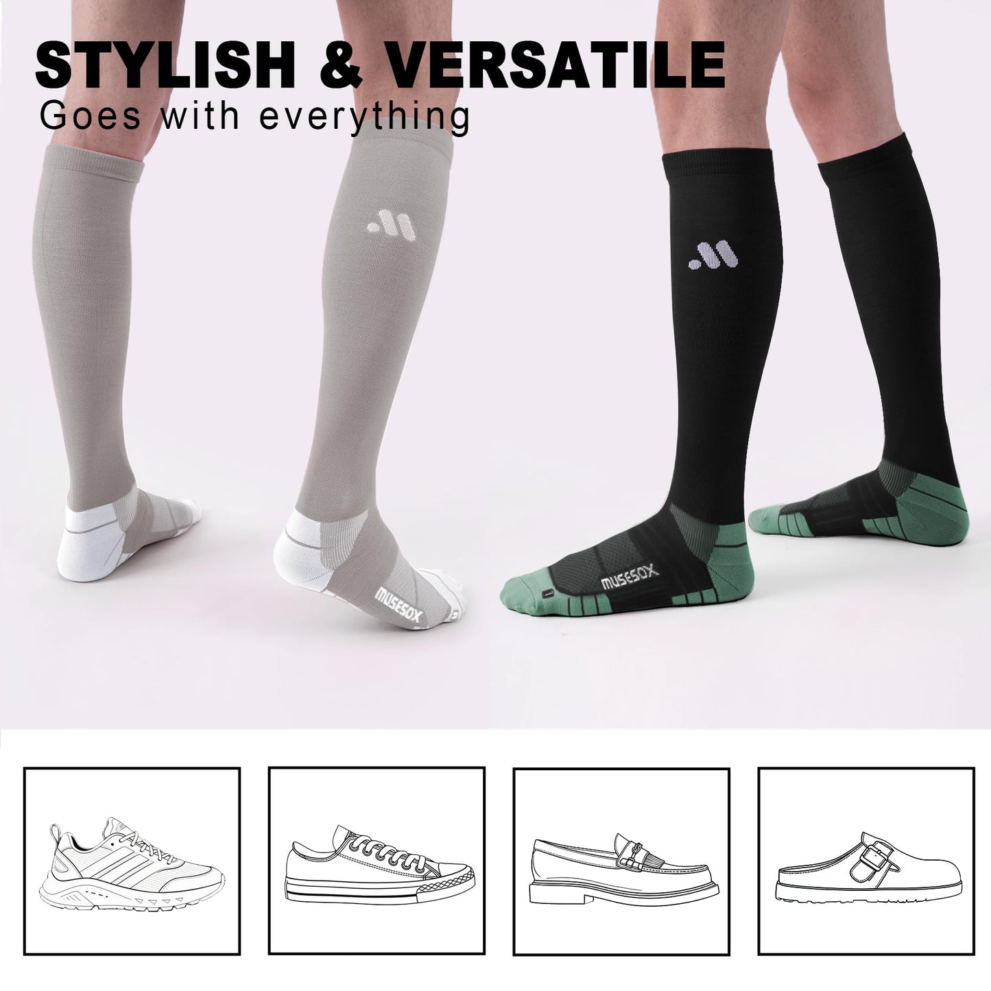 musesox Compression Socks for Women and Men,Knee High 15-20mmHg Graduated Support(3 Pairs) for Nurses,Travel,Black,Large