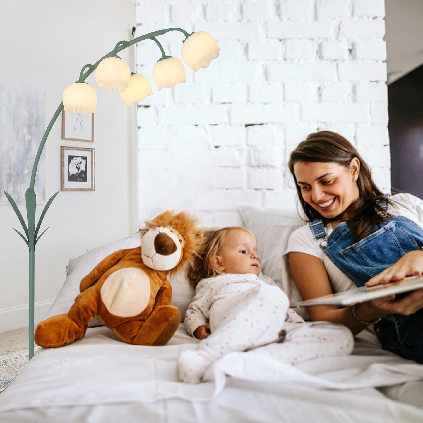 HMVPL Arc Floor Lamp for Living Room, Flower Floor Lamp with 5 G9 LED Bulbs, Foot Switch, Green Floral Standing Lamp with Acrylic Shade, Curved Tall Lamp for Living Room Bedroom Corner Kids Reading