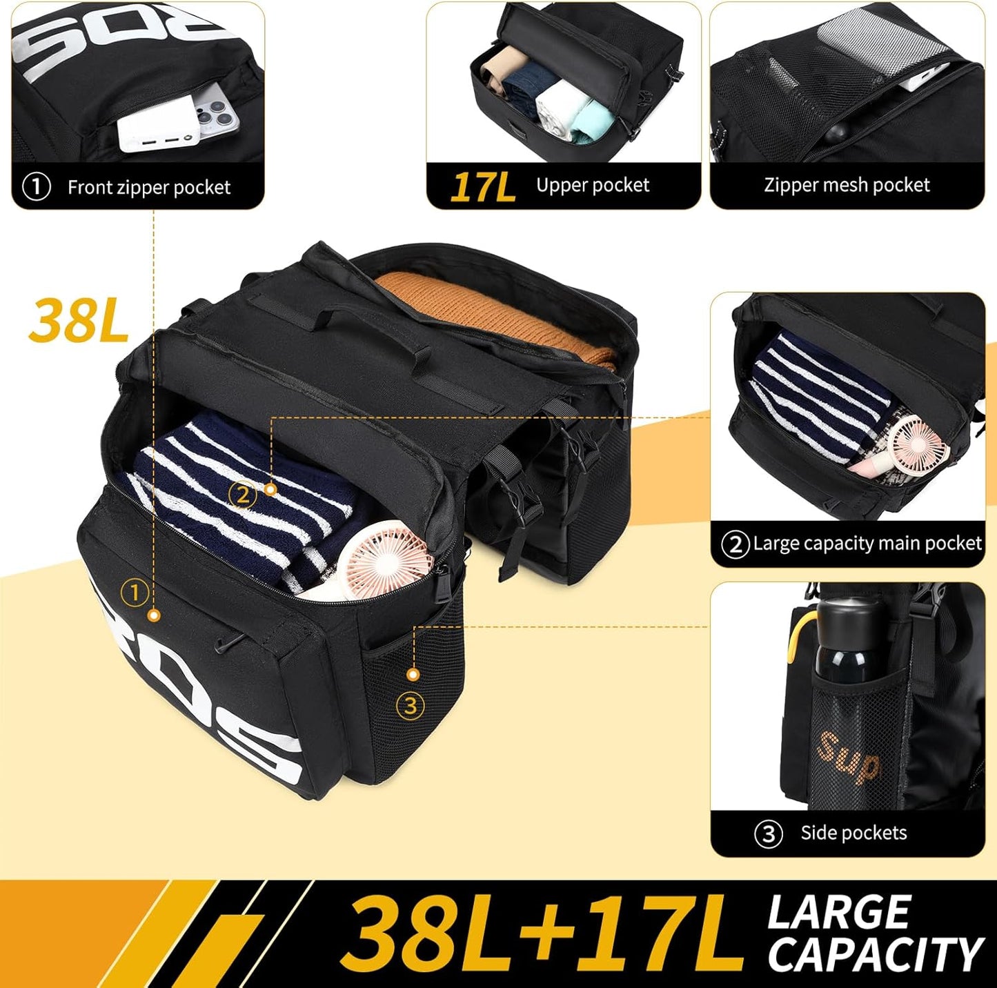 Roswheel Bike Bag Accessories Panniers for Bicycle Rear Rack Bag 50L Waterproof Mountain Electric Bike Saddle Bags for Cycling Traveling Commuting