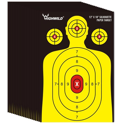Highwild Shooting Range Silhouette Paper Target - 12X18 Inches - Suitable for Handguns, Rifles, Airguns, BB Guns (50 Pack, Black & Yellow)
