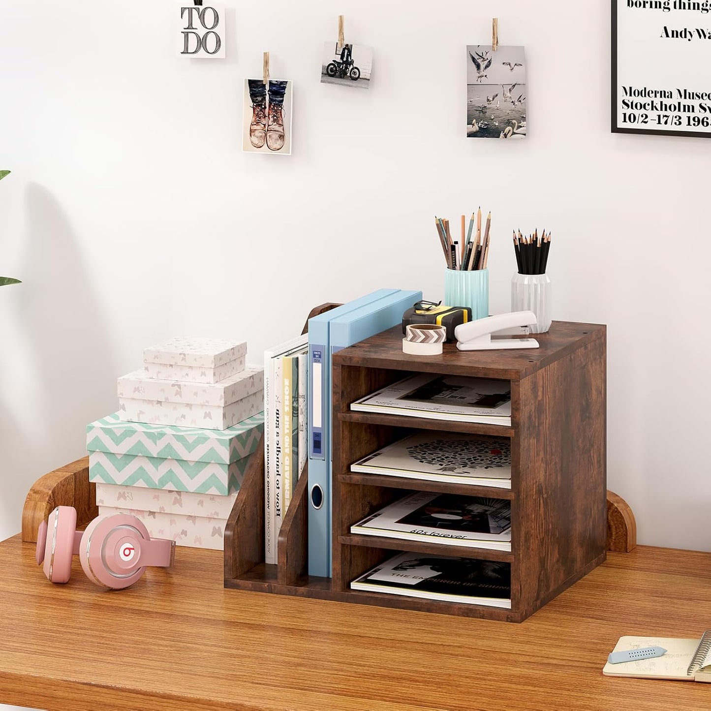 Wood Desk Organizer File Holder, Wooden Mail Organizer Countertop with Adjustable Compartments, Desktop File Organizer Paper Sorter for Home, Office and School, Envelope Organizer, Black
