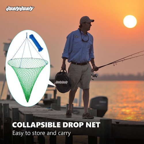 QualyQualy Bridge and Pier Fishing Net, Foldable Drop Net for Pier Fishing with Rope, Landing Net with Soft Steel Hoop(32''×36'')