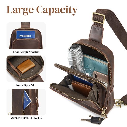 S-ZONE Sling Bag for Men Women RFID Blocking Top Grain Leather Crossbody Shoulder Bag Chest Hiking Daypack Travel