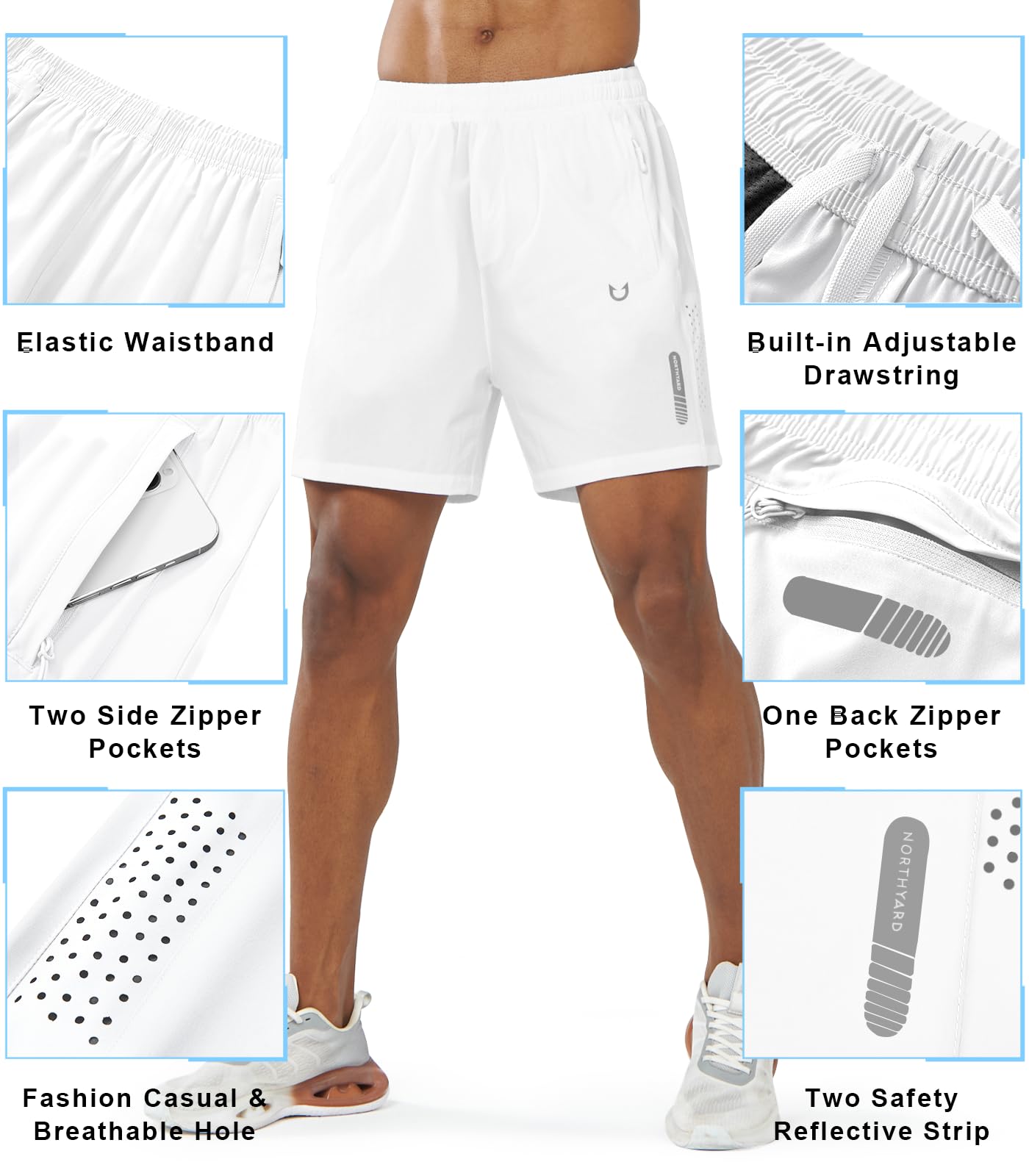 NORTHYARD Men's Athletic Running Shorts Gym Workout 7"/9"/5" Quick Dry Lightweight Sports Basketball Tennis 3 Zipper Pockets WHITE-5inch 2XL