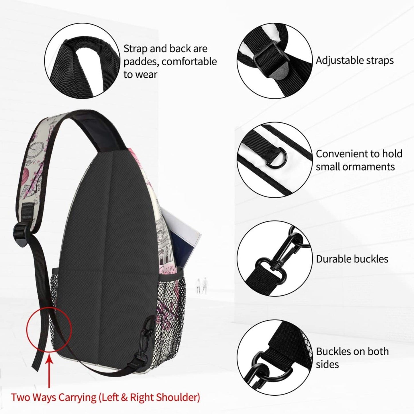 NiuKom Paris Eiffel Tower Sling Backpack Crossbody Sling Bag for Women Men Shoulder Bag Travel Hiking Daypack