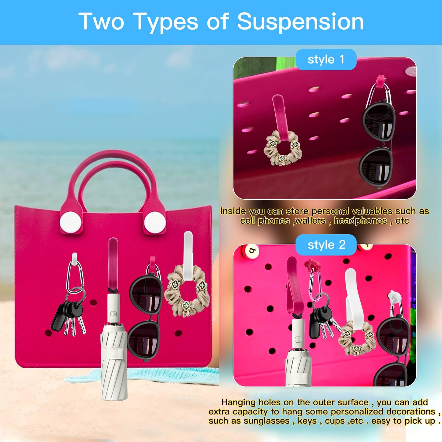 Generic Hooks Set Accessories Compatible for Bogg Bag, Bogg Bag Accessories, Bag Hanging Hooks for Charms Key Pouch Earphone Tassel Cup, Compatible for Small & Large Beach Bags, 4 Pcs, White rose