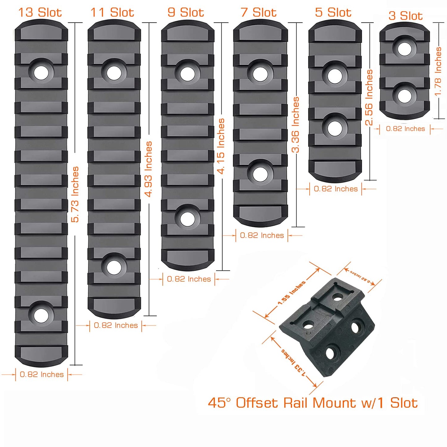 CG GEARS Picatinny Rail 3,5,7,9,11,13-Slot for Mlok, Polymer Rails Section Plus Offset Optic Mount with T-Nuts, Screws & Allen Wrench ((3-5-7-9-11-13) Rails+ 1 Slot Light Mount)