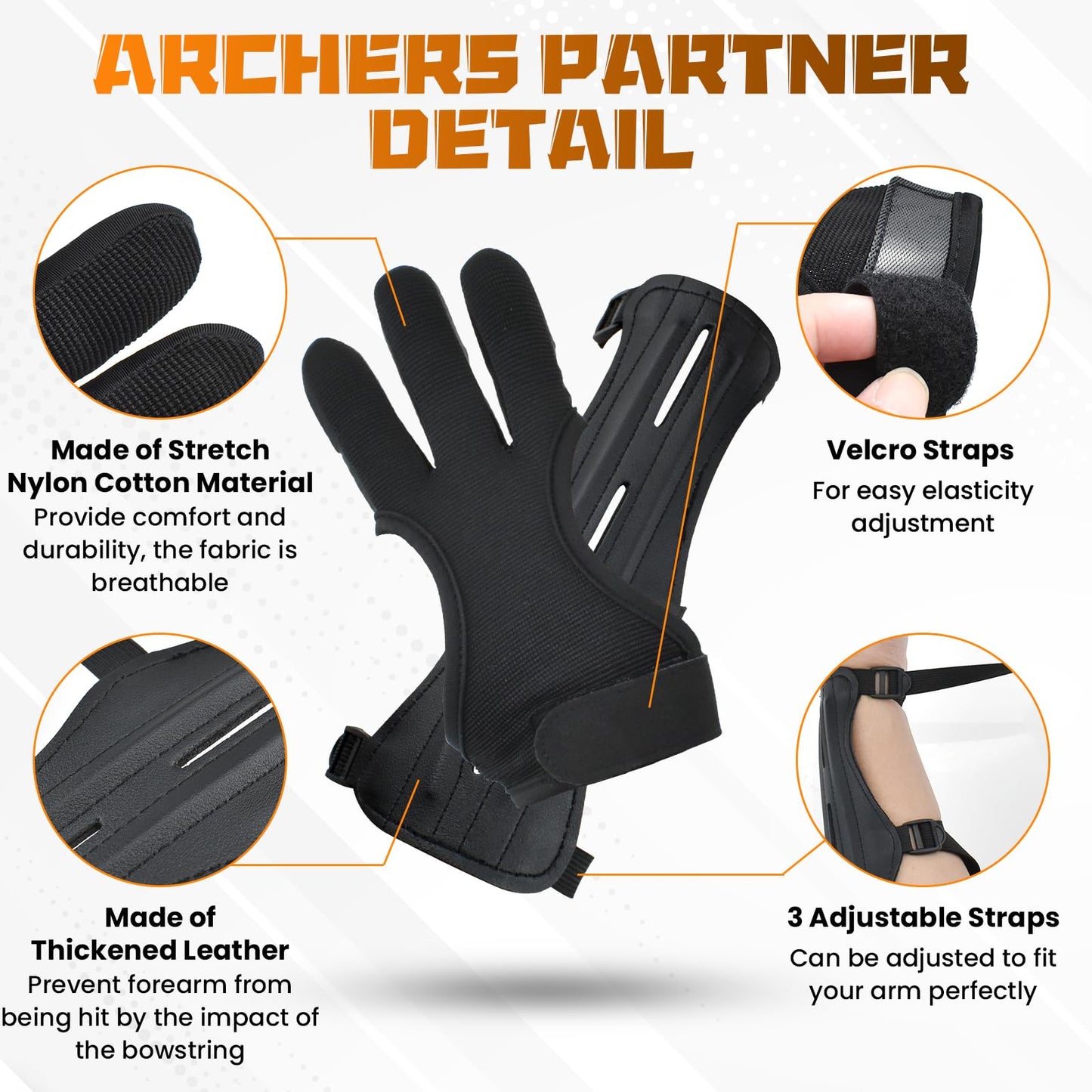 MARRTEUM 2 Pcs Archery Glove & Arm Guard Kit Leather PU Archery Bracer Three Finger Guard Protective Gear Accessories for Men Women & Youth