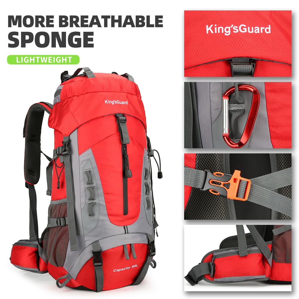 King'sGuard 60L Hiking Backpack Lightweight Camping Backpack with Rain Cover Large Waterproof Packable Outdoor Trekking Travel Backpack for Men Women (Red)