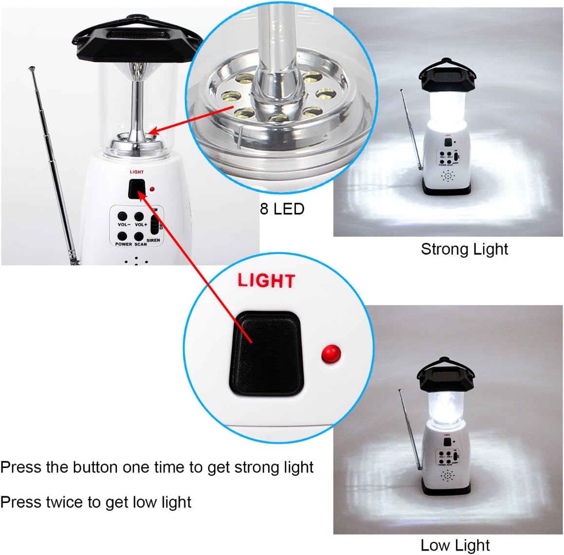 HOSHINE Solar Dynamo Multi-Functional 4-Way Powered Emergency Hand Crank FM Radio LED Camping Lantern Flashlight Phones Charger (White)