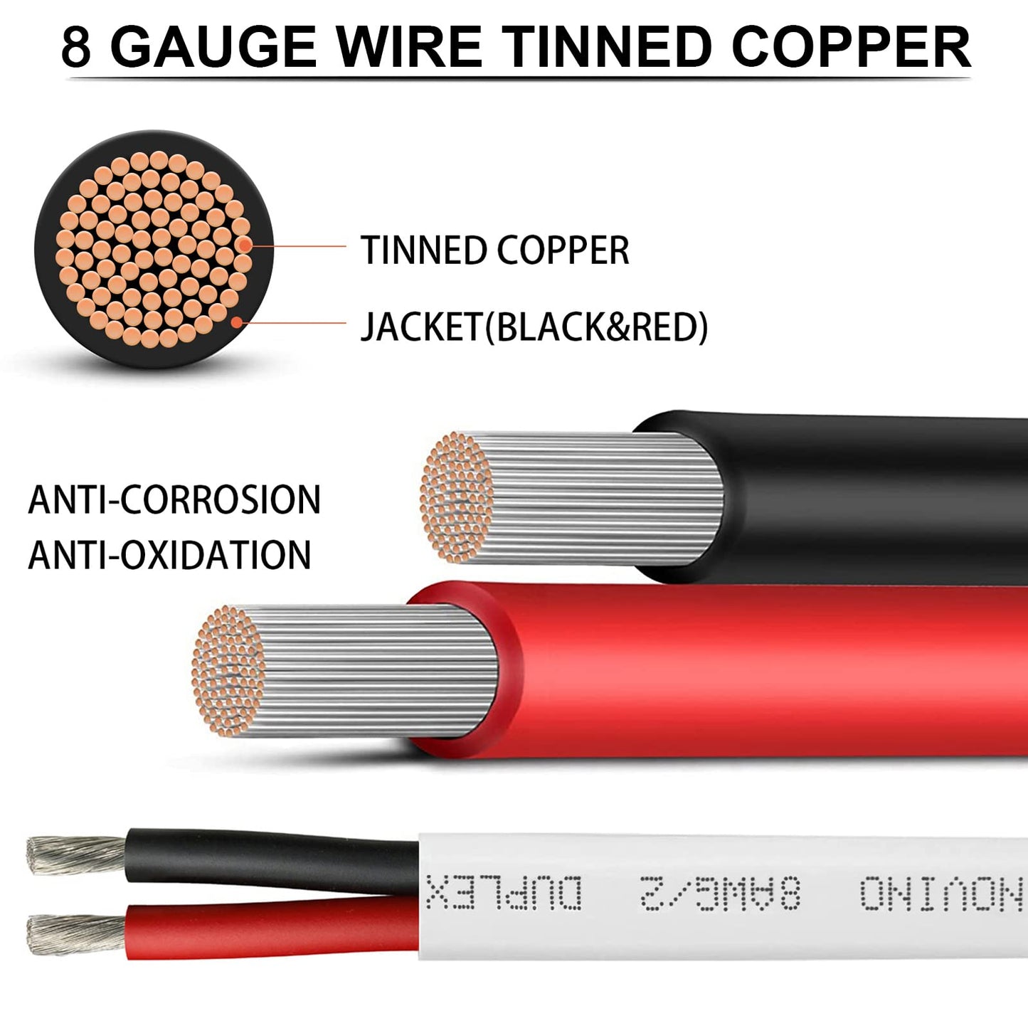 8 Gauge Marine Wire,8 AWG 15ft Duplex Marine Grade Wire Tinned Copper Oxygen-Free Insulated Red & Black Electrical Cable for Boat/Automotive/RV/Camper/Trailer