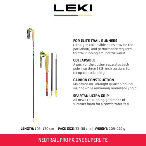 LEKI Neotrail Pro FX.One Superlite Carbon Collapsible Lightweight Trekking Poles for Hiking & Trail Running - Naturalcarbon-Brightred-Rubyred - 115 cm