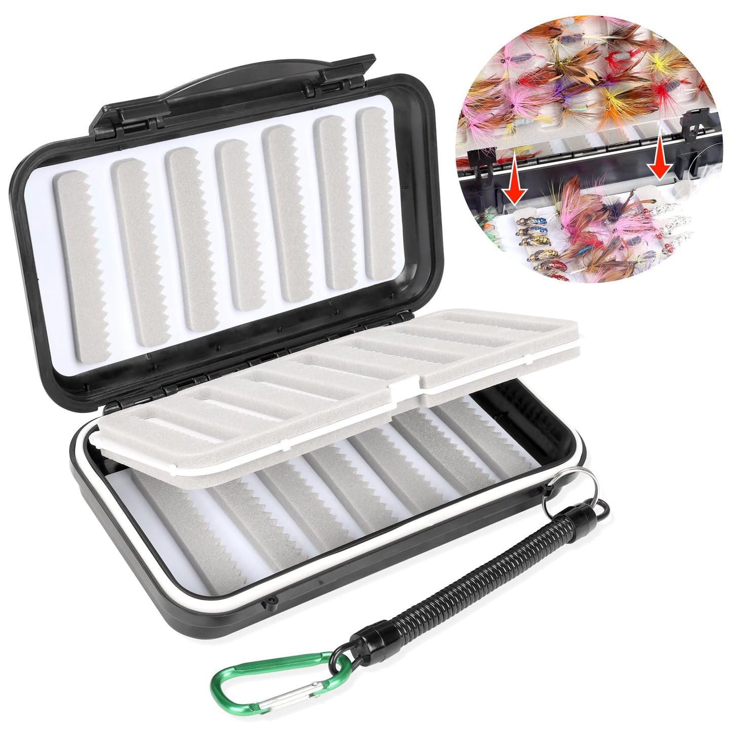 Fly Fishing Box Fly Boxes For Fly Fishing Trout Two-Sided Waterproof Lightweight Easy Grip Black Lid Fly Fishing Lures Box Foam Ice Jig Fly Box And Coil Springs Cord.