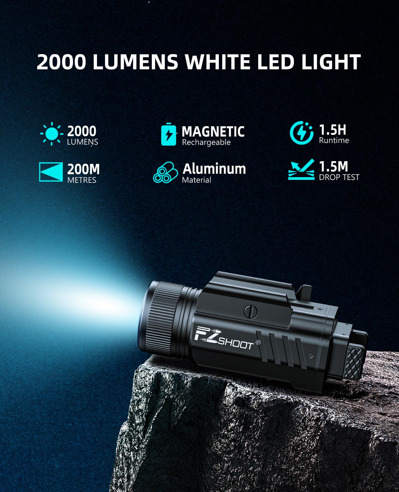 EZshoot 2000 Lumen Pistol Light with Quick Release, Magnetic Rechargeable Pistol Flashlight with Adjustable Slide Rail, Picatinny Flashlight with Strobe Mode for Home Defense, Hunting