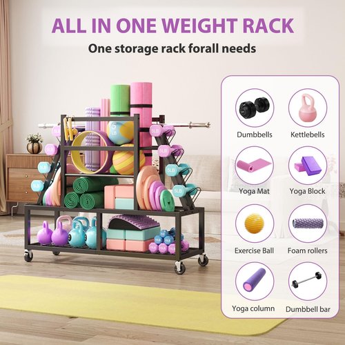 HavenlyYouth Dumbbell Rack Weight Rack Storage-Large Dumbbells Rack Home Gym Storage,Multilevel Workout Storage Organizer with Wheels and Barbell Holder,Perfect for Yoga Mat Balls Kettlebells and Fitness Gear,black