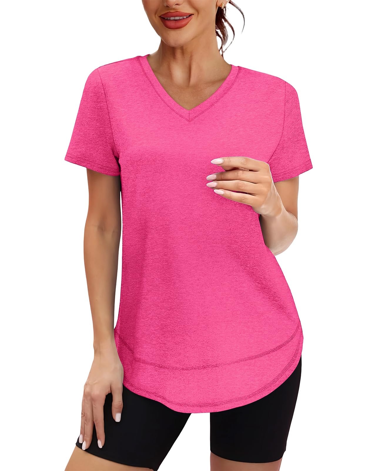 Short Sleeve Shirts for Women Workout Yoga Tops Sun Protection Clothing Summer Outfits Rash Guard Side Slit V Neck Hot Pink XL