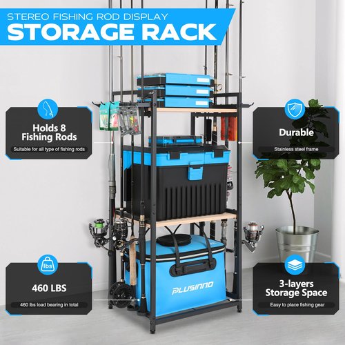 PLUSINNO 3 Tier Fishing Rod Holder, Fishing Pole Holders for Garage, Fishing Rod Rack Fishing Rod Storage Up to 8 Rods, Fishing Gear Tackle Box Fishing Equipment Organizers, Fishing Gifts for Men