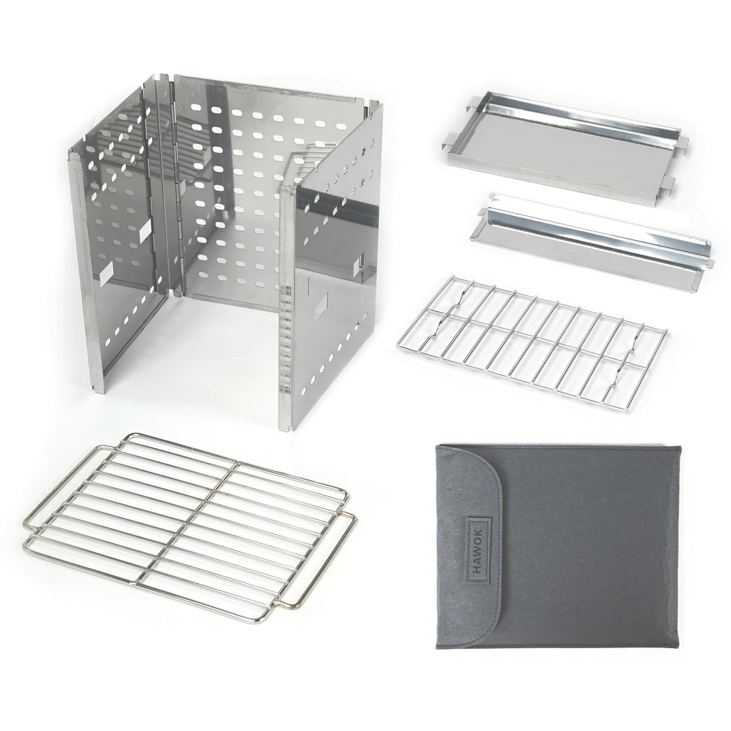 HAWOK Stainless Steel Folding Outdoor Stove with Carrying Bag and Stainless Steel Grill, 8.7"L x 7.5"W x 9.5"H, Portable Wood Burning Grill