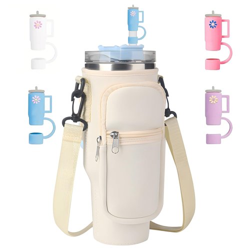 White Stanley Cup Bag, Cup Holder for Stanley 40oz Tumbler with Handle, Stanley Carrier Bag with 4Pcs Mini Cup Straw Topper for Stanley Cup Accessories