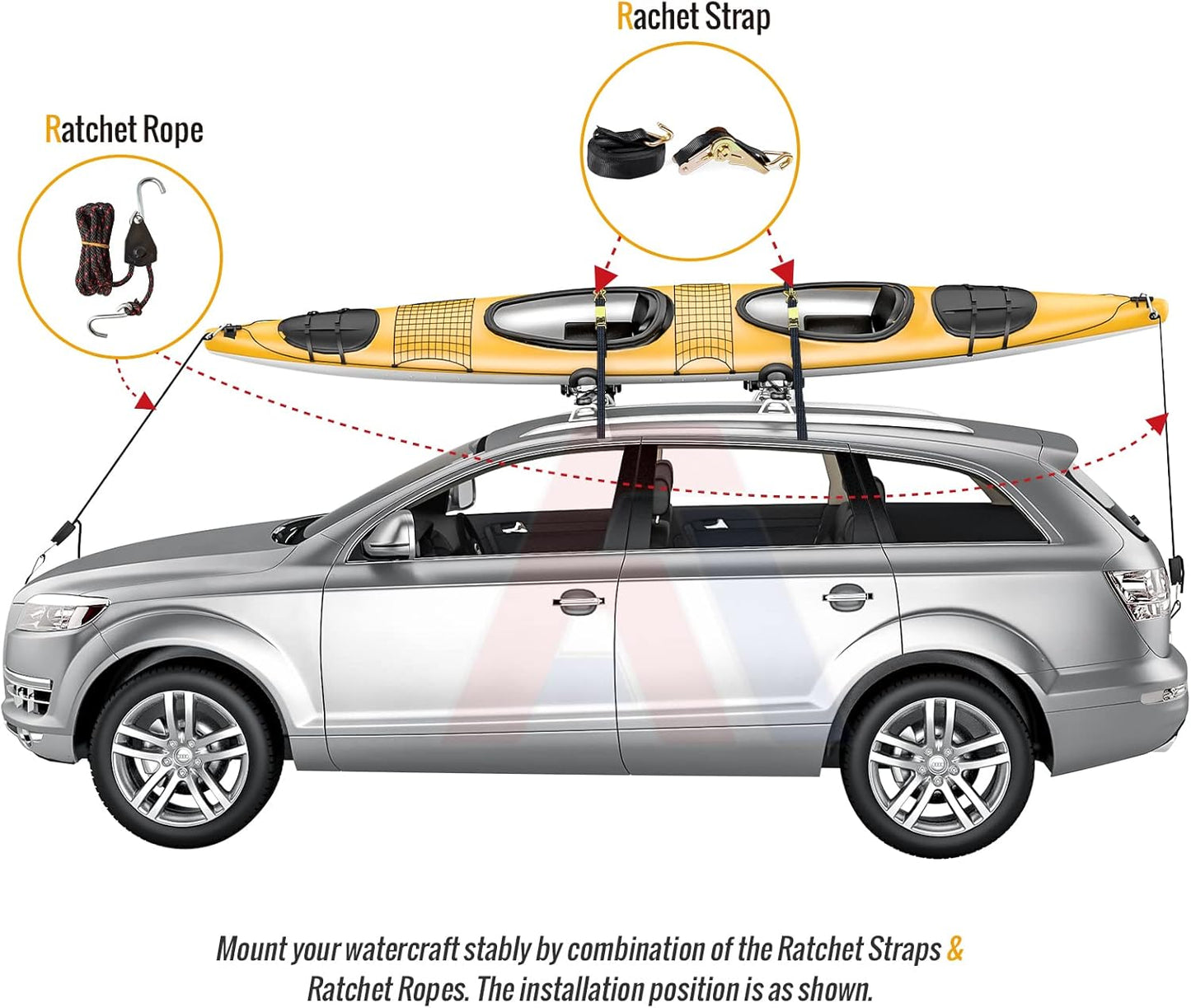 AA-Racks J-Bar Rack for Kayak Canoe Boat Carrier Roof Top Mount on Car SUV Truck Crossbar with 16 Ft Ratchet Lashing Straps & 10 Ft Ratchet Bow and Stern Tie Down Straps