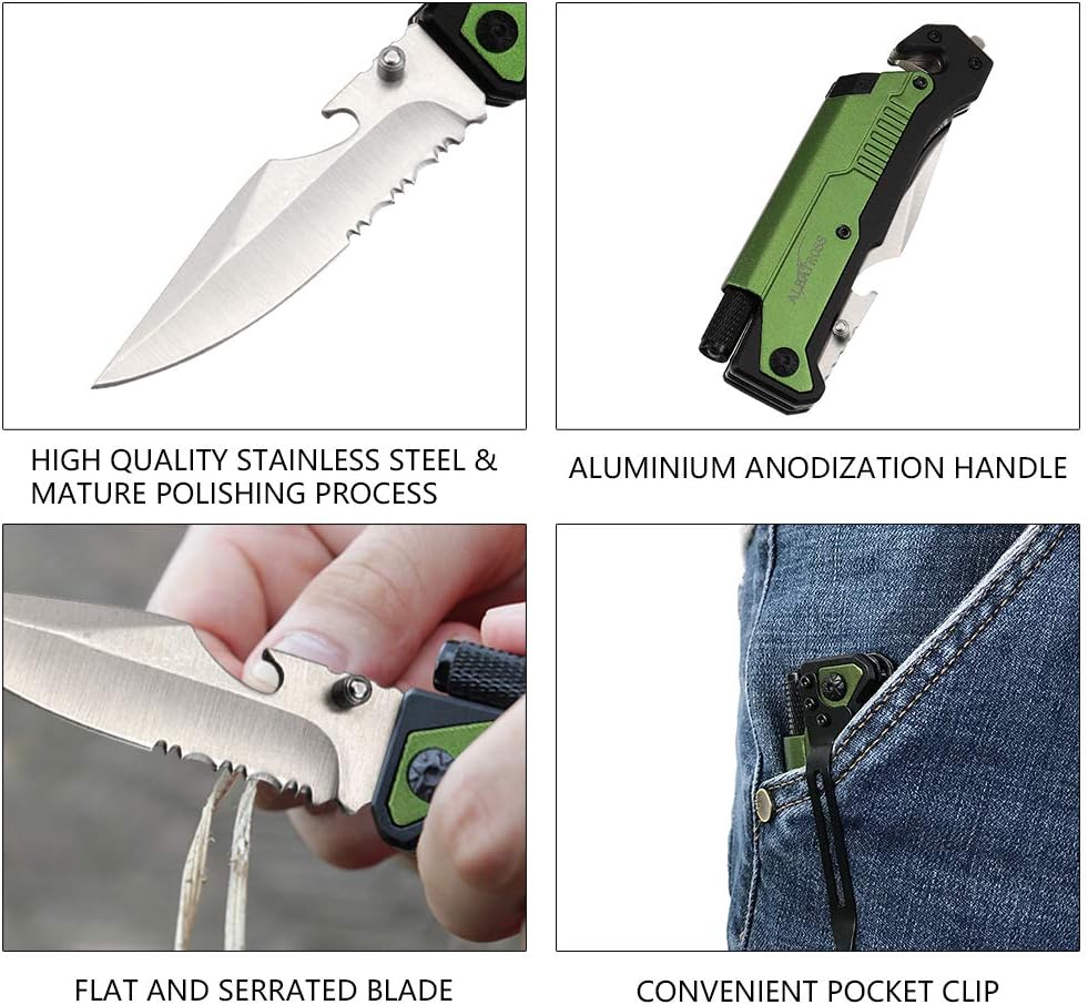 ALBATROSS 6-in-1 Survival Tactical Military Folding Pocket Knives with LED Light,Seatbelt Cutter,Glass Breaker,Magnesium Fire Starter,Bottle Opener;Multi-Function Emergency Tool(Black)