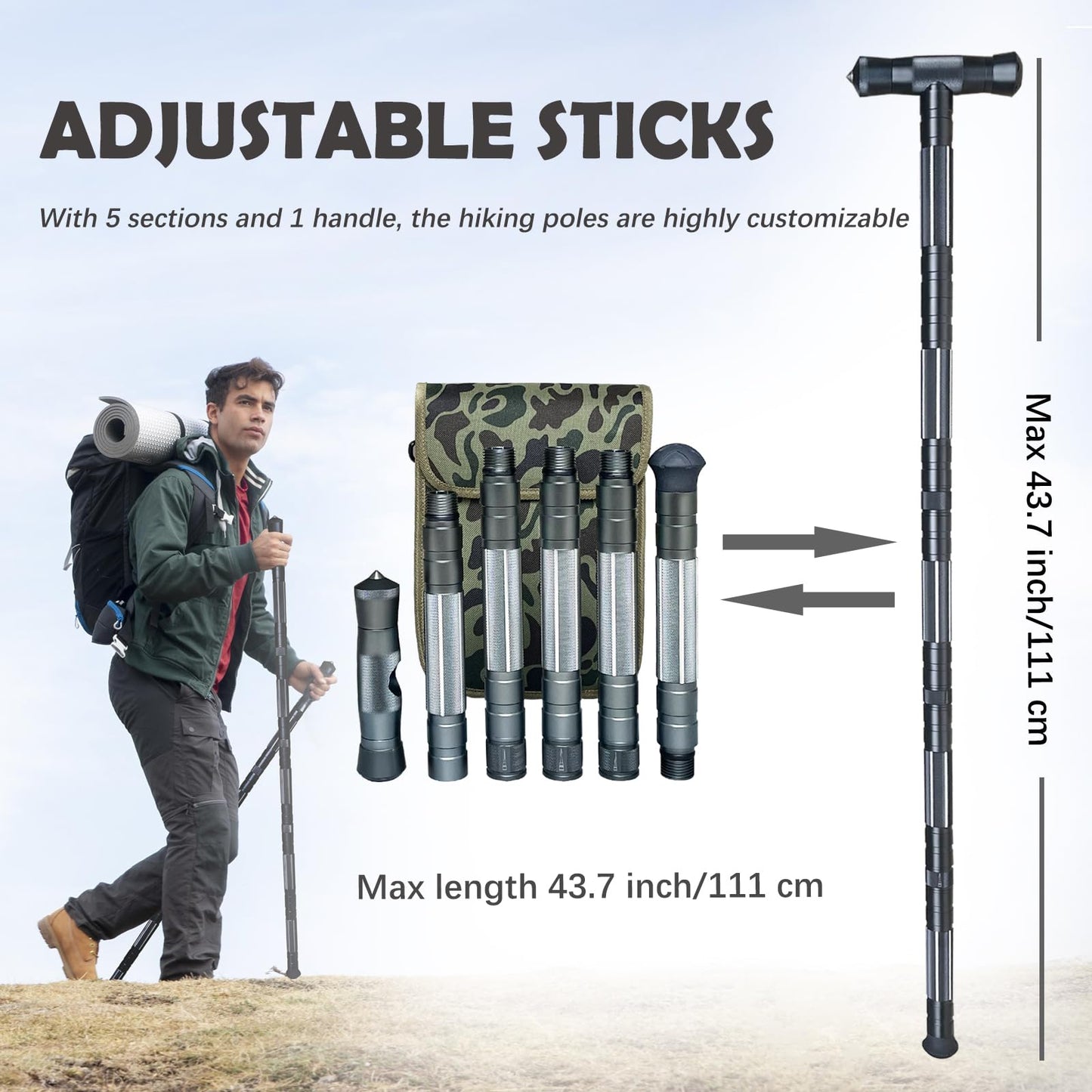 Autuveen Hiking Tactical Stick Walking Staff,Portable Walking Sticks Trekking Poles Outdoor Multitool Camping Gear for Men Women (Gray)