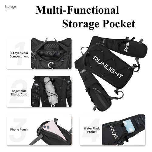 Runlight Running Vest for Women Men Lightweight Hydration Backpack Pack with 1.5L Water Bladder Bag Hydro Daypack for Hiking,Trail,Skiing,Camping,Cycling,Race,Marathon (Black New, One Size)