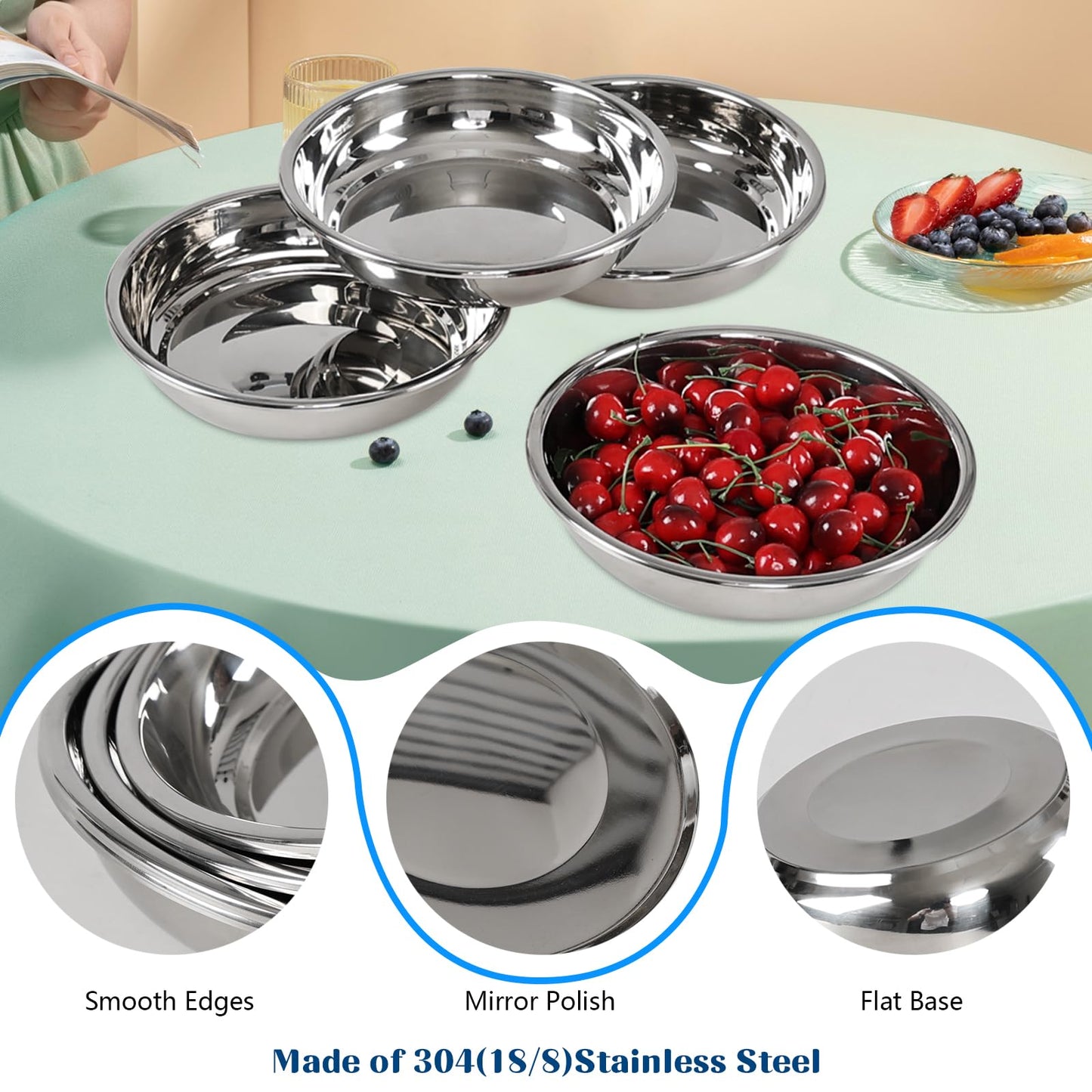 Fabnati Set of 4 Stainless Steel Plates for Eating, Round Camping Serving Plate Set