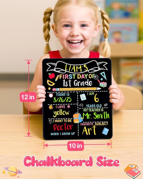 Double-Sided First Day & Last Day of School Sign with Markers Included - 12×10 Inch Reusable Back to School Chalkboard for Kids, Preschool, Kindergarten - Durable & Easy to Clean
