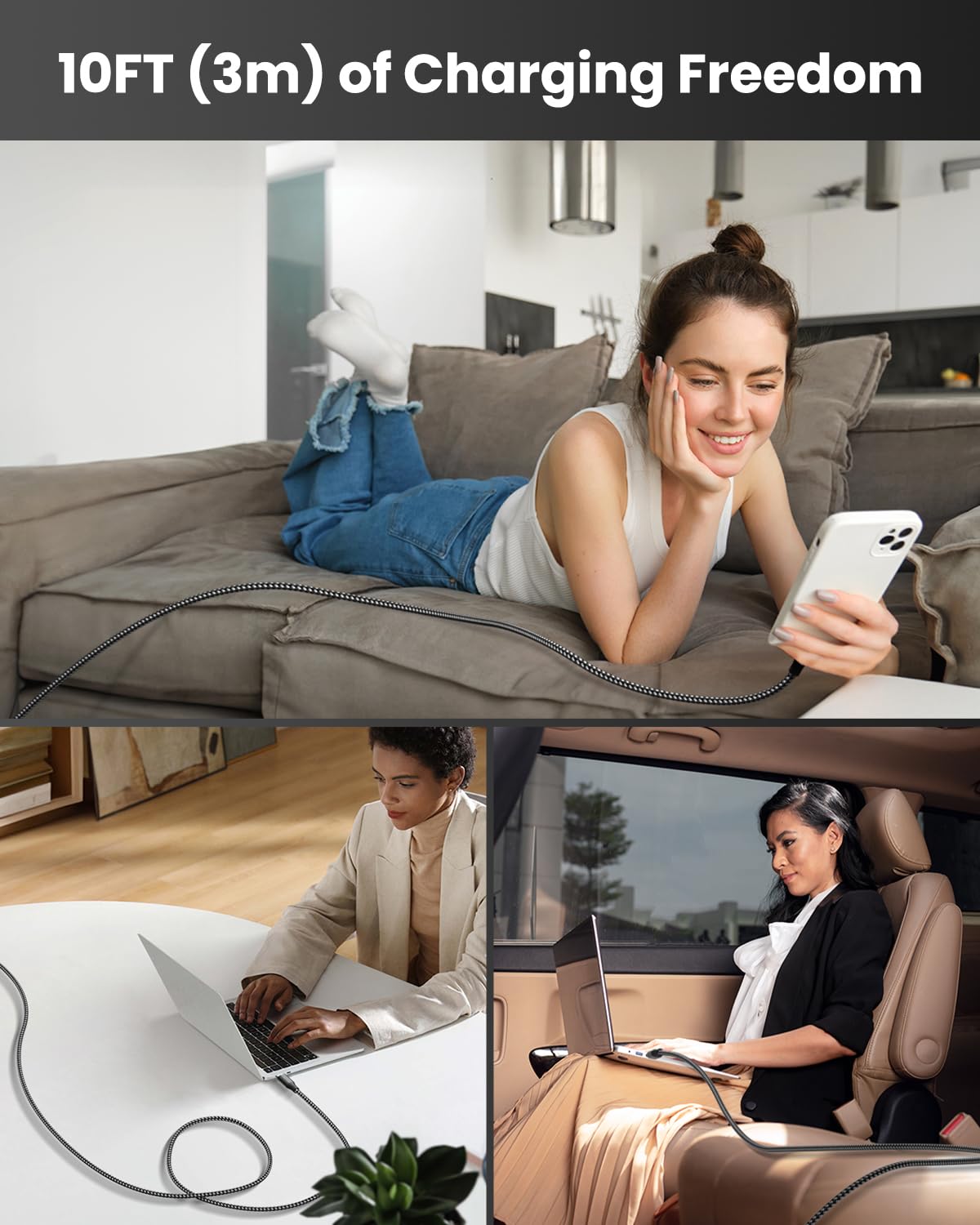 USB C Cable Fast Charging, 3 Pack 10FT USB C to USB C Cable, 60W Type C Nylon Braided Charger Cable for iPhone 16/15/iPad MacBook CarPlay and More-(Black White)