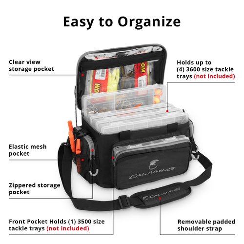 Calamus Fishing Tackle Bags - Saltwater & Freshwater Fishing Bags - Rip-Stop PE - Padded Shoulder Strap - Pliers Storage - Black