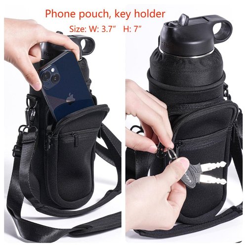 sunkey Water Bottle Carrier Holder Bag with Strap and Pouch Crossbody Water Bottle Sling Bag with Phone Pocket 32 oz for Walking Hiking (Black)