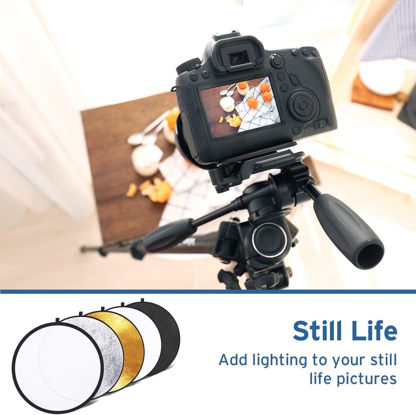 Etekcity 24" (60cm) 5-in-1 Photography Reflector, Multi-Disc Light Reflectors for Photography, Collapsible with Bag - Translucent, Silver, Gold, White and Black