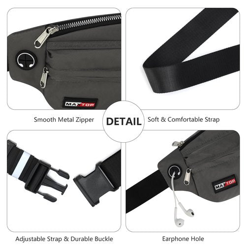 MAXTOP Large Crossbody Fanny Packs for Men Women with Headphone Jack and 5-Zipper Pockets Adjustable running belt for Outdoors Yoga Traveling Casual Running Hiking