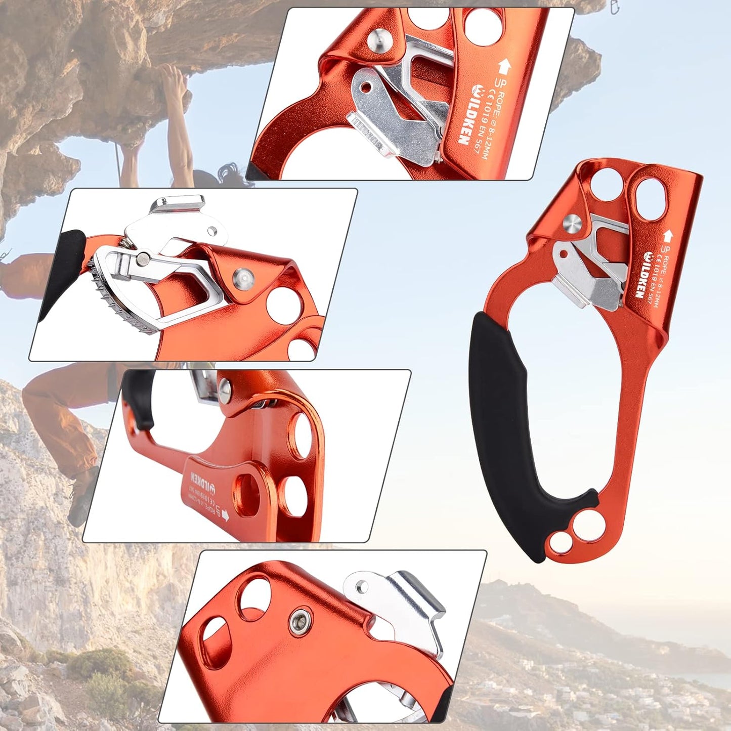 WILDKEN Climbing Hand Ascender Outdoor Mountaineering Tree Arborist Climbing Rappelling Equip Hand Ascender for 8-14MM Rope Left Right Hand Ascender
