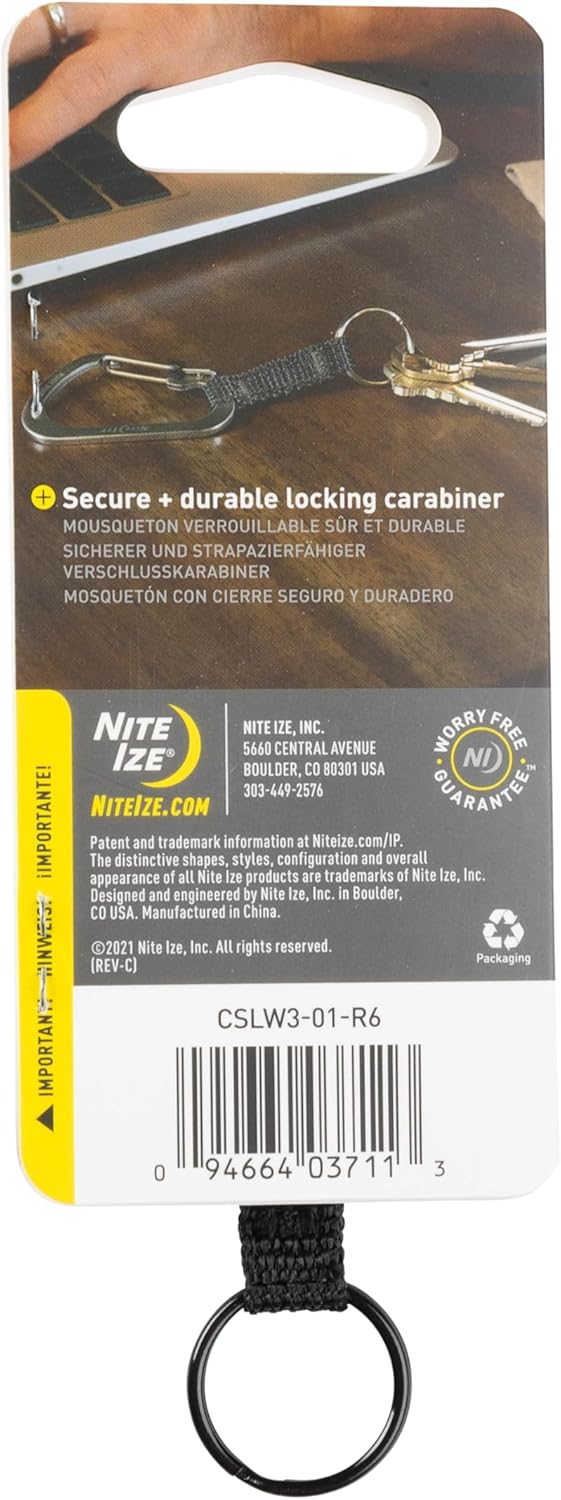 Nite Ize SlideLock Key Ring, Aluminum Locking Carabiner Key Chain with Webbing, Stainless Steel