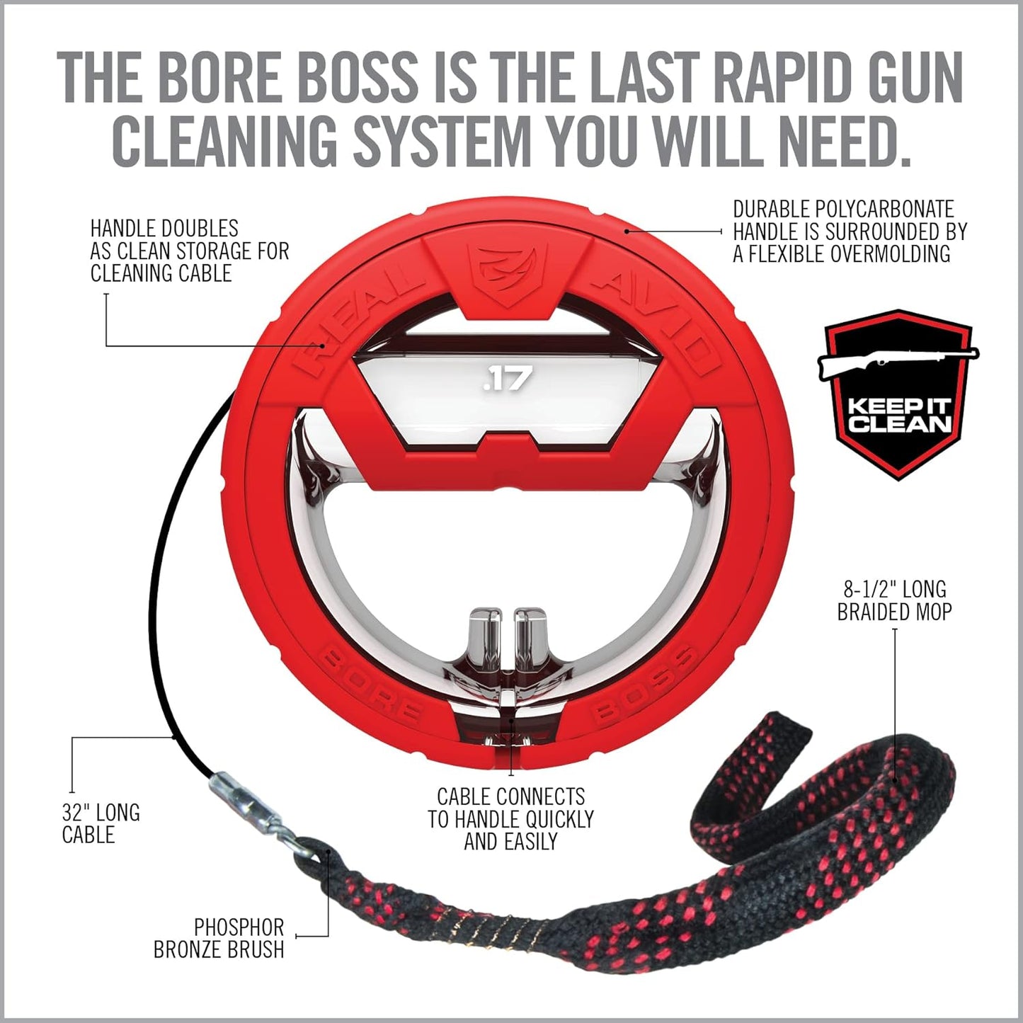 Real Avid Bore Boss Gun Cleaning System - Rapid Pull Through Barrel & Bore Cleaning Cable with Integrated Brush & Mop - Choose Style Below