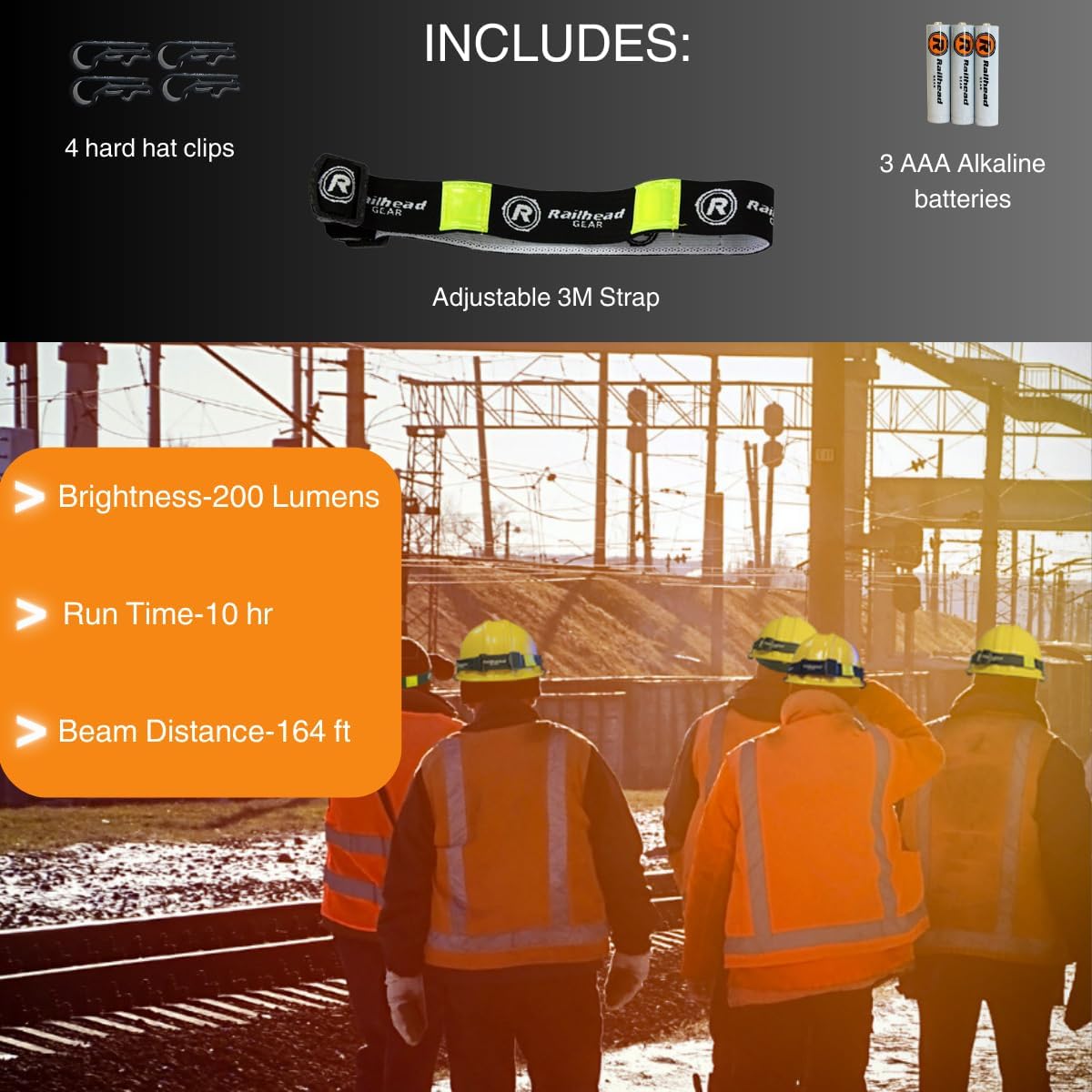 Railhead Gear LED Lightweight Headlamp, Battery Powered Industrial 200 Lumen Light with Strap for Adults with 3 Modes, KE-HL100