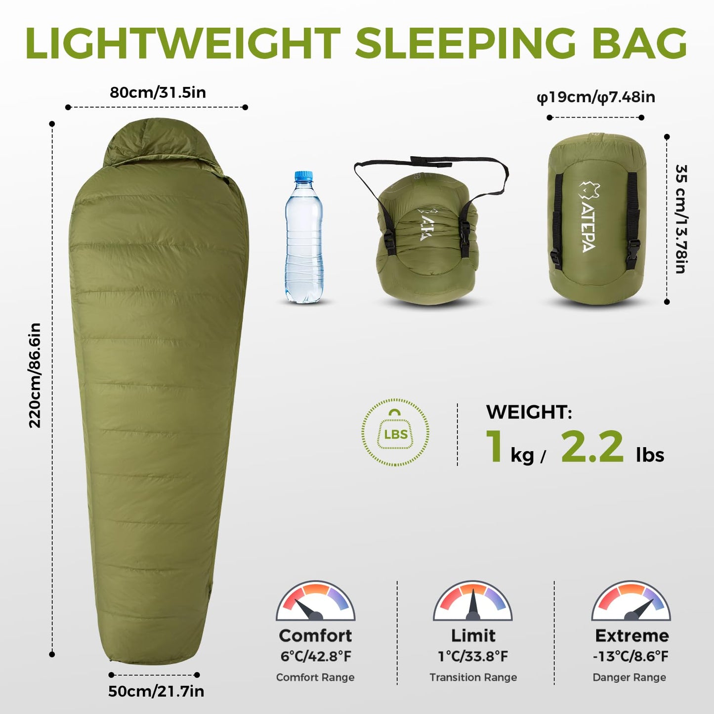 ATEPA Elements 450 Down Sleeping Bag for Adults, 700FP Recycled Mummy Cold Weather Ultralight 3 Season Compact Packable Sleeping Bag with 15D Nylon Shell for Backpacking Camping Hiking, 42.8℉ Green
