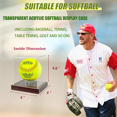 Softball Display Case with Wooden Base, 3mm Clear Acrylic Softball Holder Box, Dustproof Softball Case with Stand for Autographed Ball – 4x4x4.8 inch