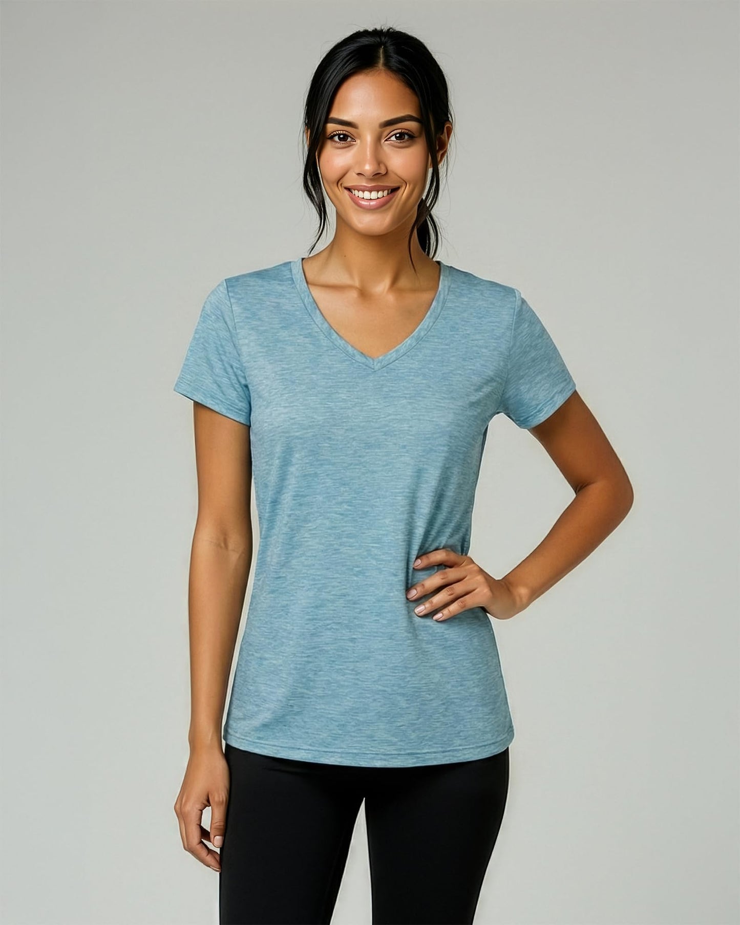 Real Essentials 5 Pack: Women's Dry-Fit Short Sleeve V Neck T Shirt Workout Fitness Yoga Top Tee, Set 1, L