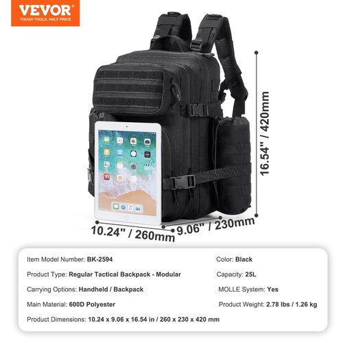 VEVOR Tactical Pack, 25L Military Tactical Pack with Molle Design & 3 Compartments & Bottle Holder, Army Assault Pack Bag for Men and Women, Range Gear Pack for Outdoor Adventure, Hiking, Hunting