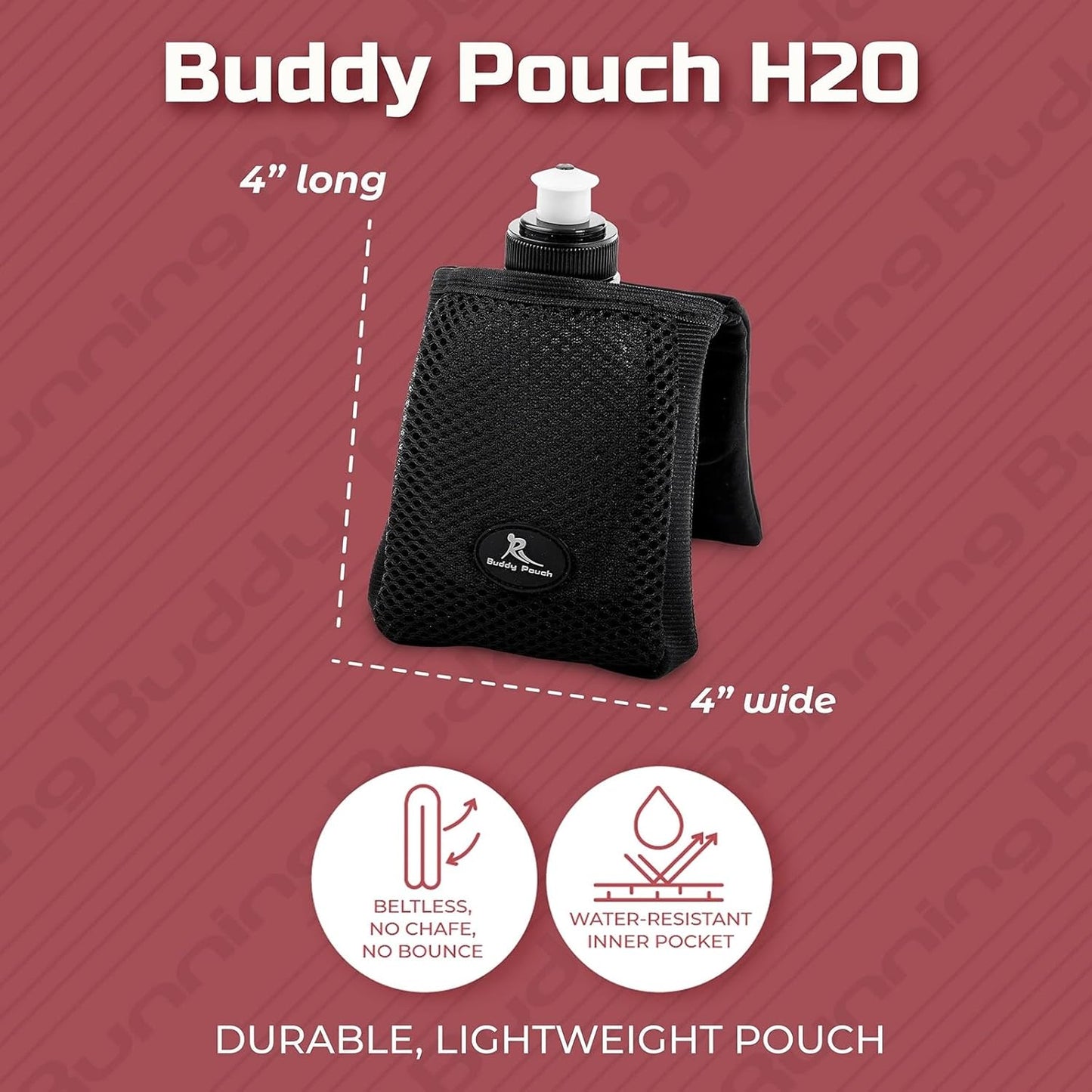Running Buddy Running Water Bottle Pouch - 4" x 4" Black, 7 oz - Magnetic Water Bottle Holder for Running & Walking - No-Bounce Hydration Pack