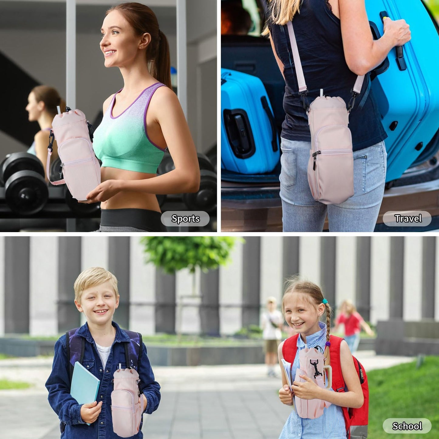 HOMEYA Water Bottle Carrier Bag with Phone Pocket for Stanley Cup 40 Oz Tumbler with Handle, Nylon Water Bottle Holder Pouch with Top Drawstring, Adjustable Shoulder&Handle Strap (Pink)